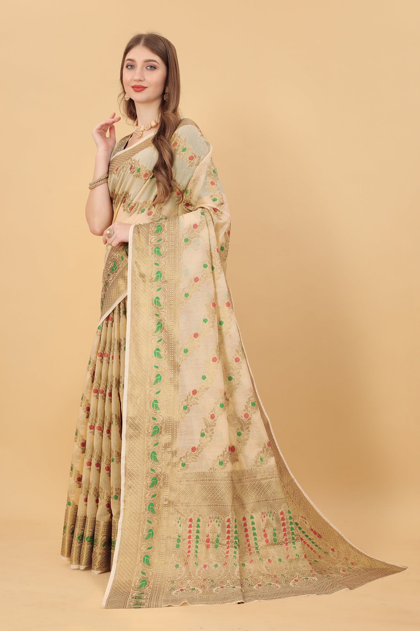 Vedant Vastram Soft Cotton Silk Banarasi Silk Saree - Beige | Swadesiicart