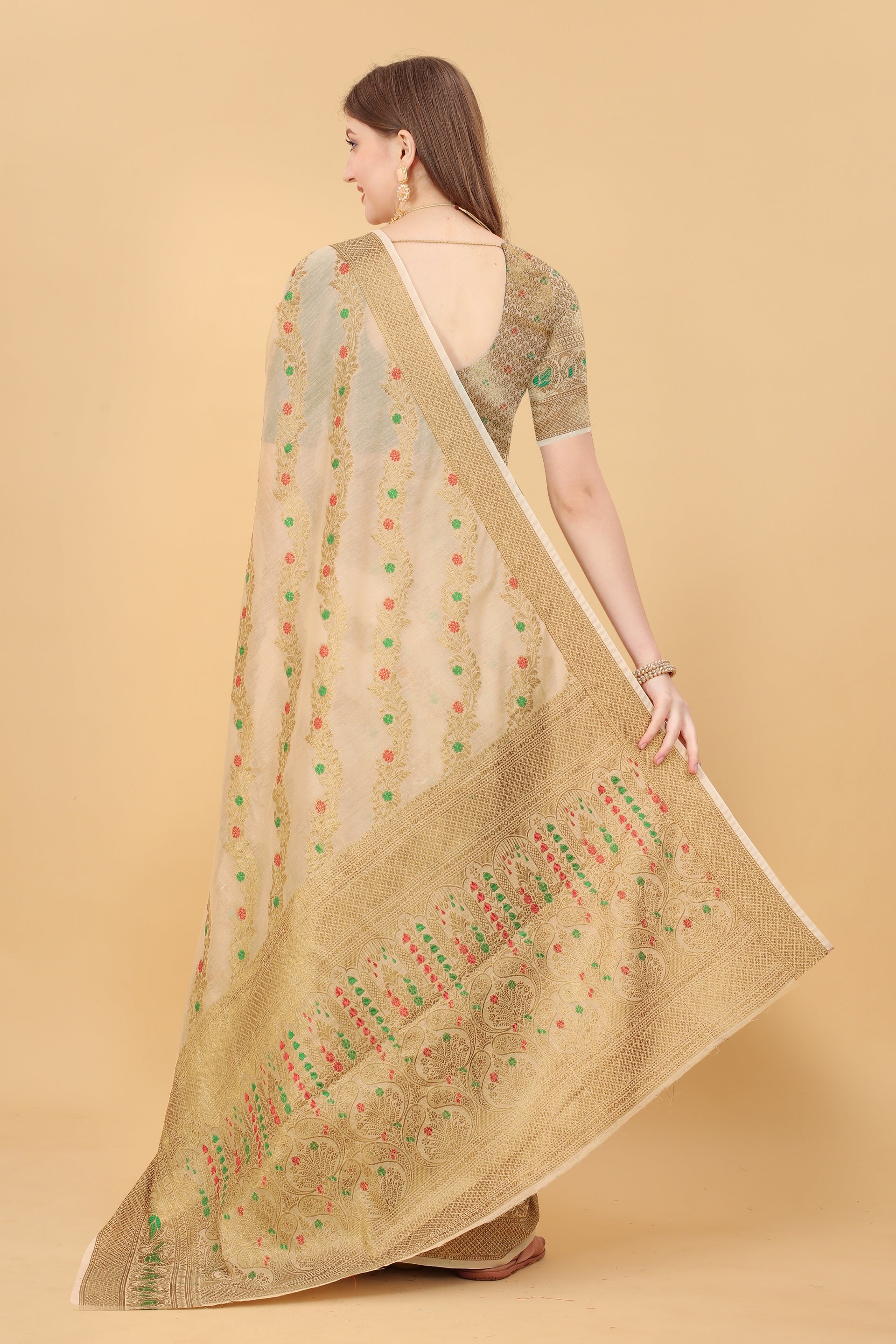 Vedant Vastram Soft Cotton Silk Banarasi Silk Saree - Beige | Swadesiicart