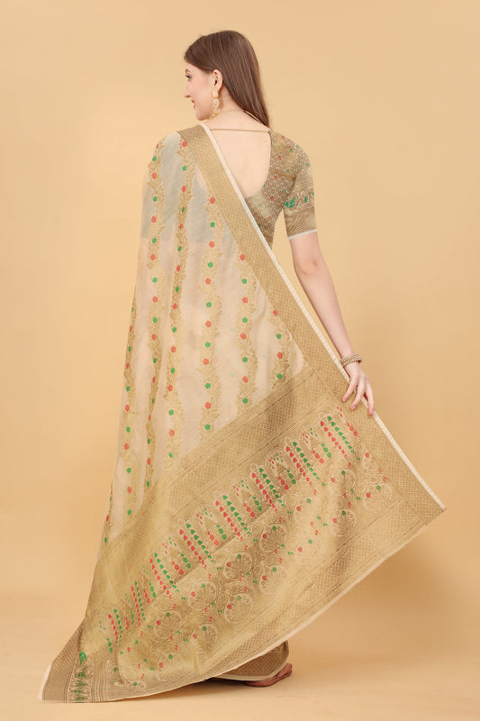 Vedant Vastram Soft Cotton Silk Banarasi Silk Saree - Beige | Swadesiicart
