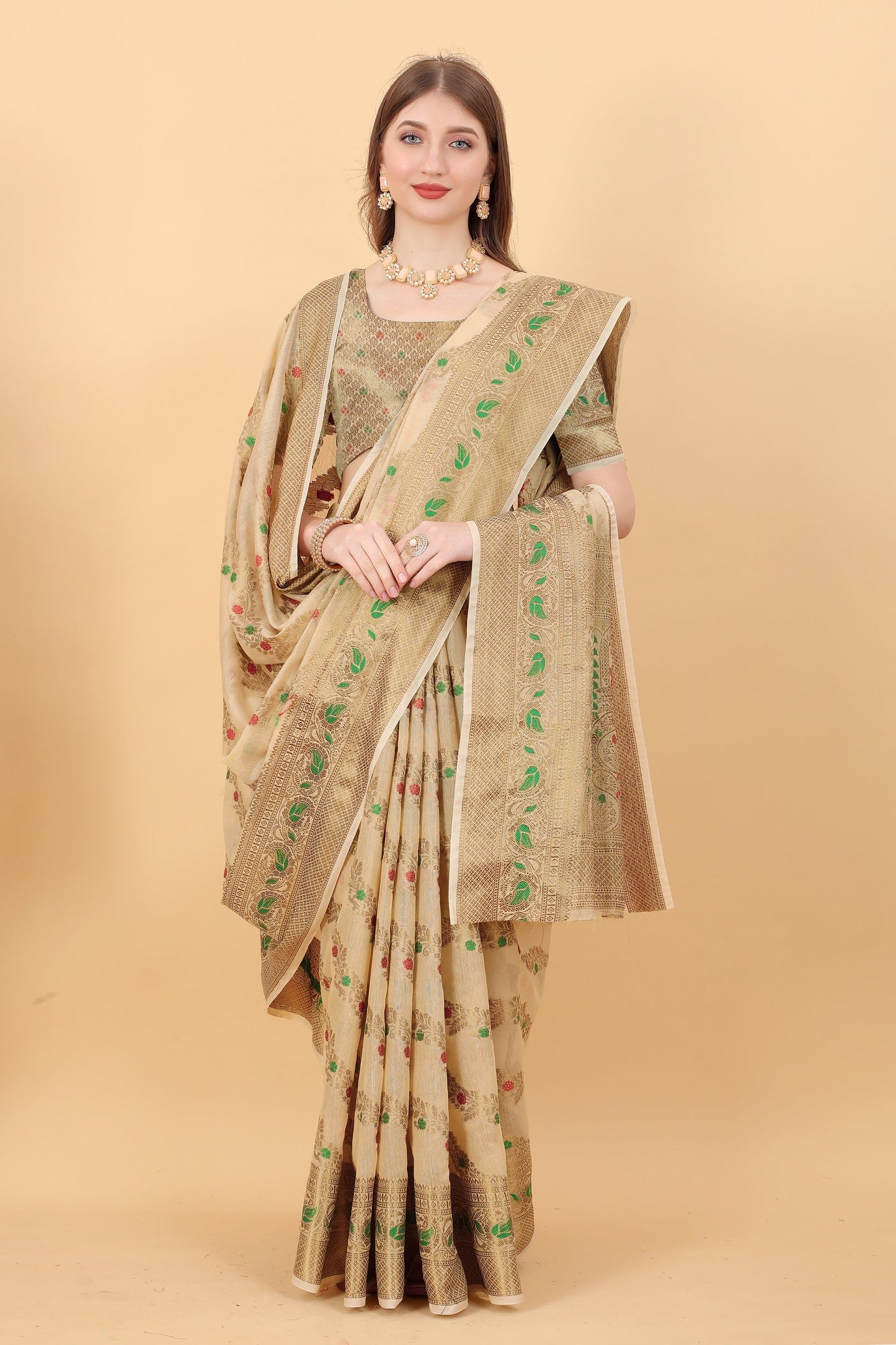 Vedant Vastram Soft Cotton Silk Banarasi Silk Saree - Beige | Swadesiicart