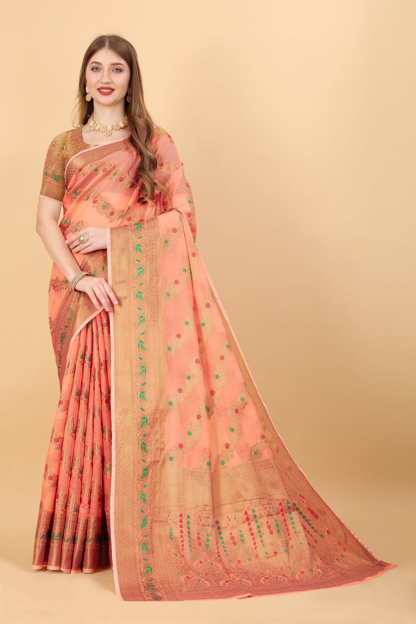 Vedant Vastram Soft Cotton Silk Banarasi Silk Saree - Peach | Swadesiicart