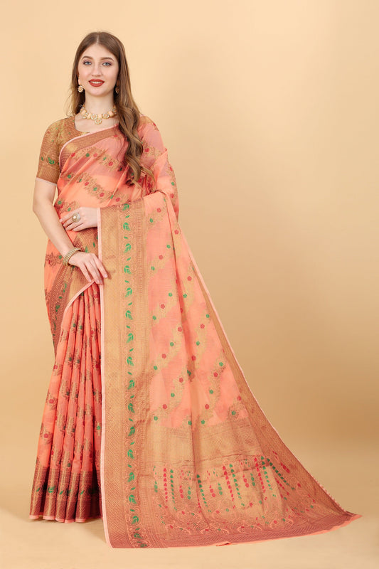 Vedant Vastram Soft Cotton Silk Banarasi Silk Saree - Peach | Swadesiicart