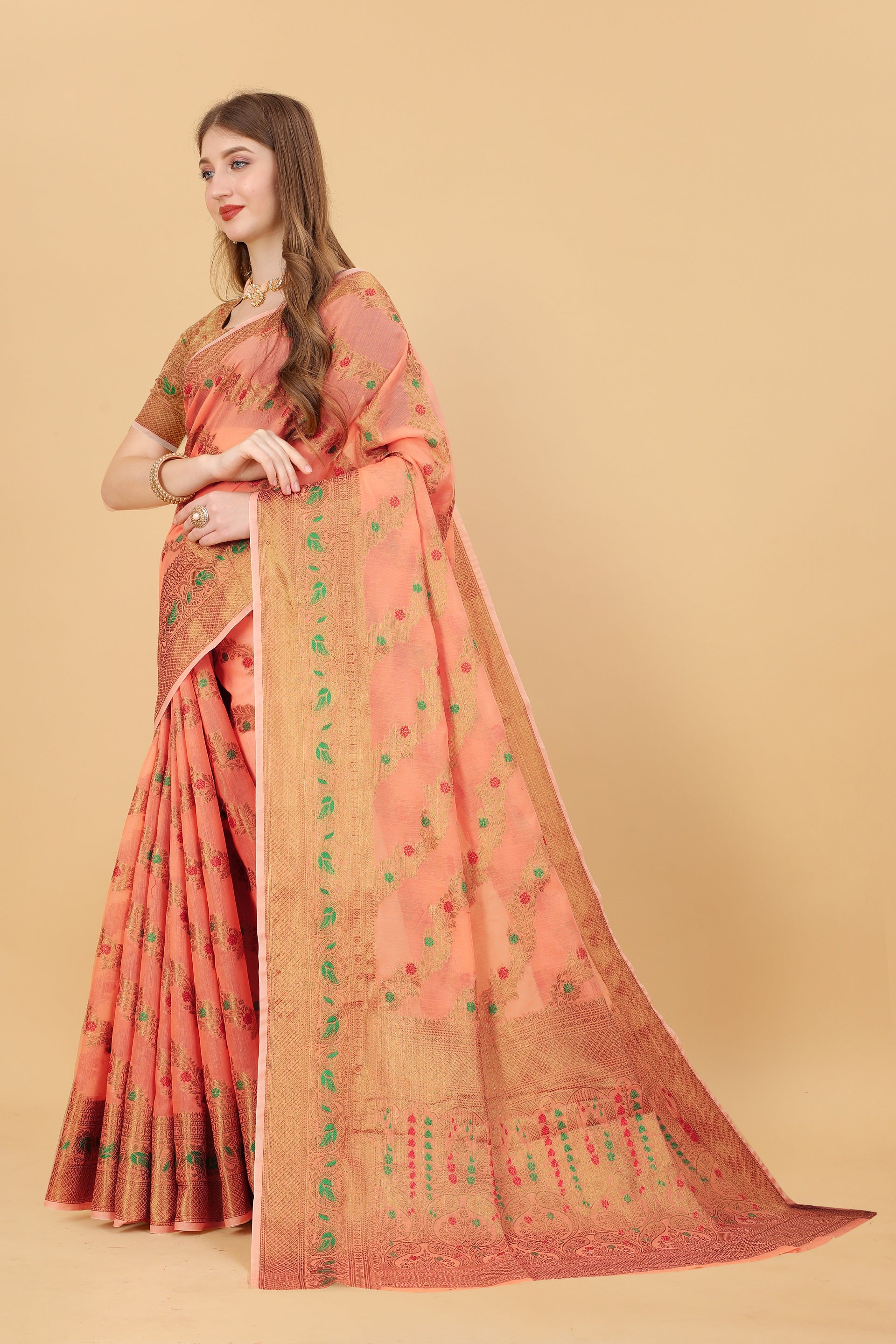 Vedant Vastram Soft Cotton Silk Banarasi Silk Saree - Peach | Swadesiicart