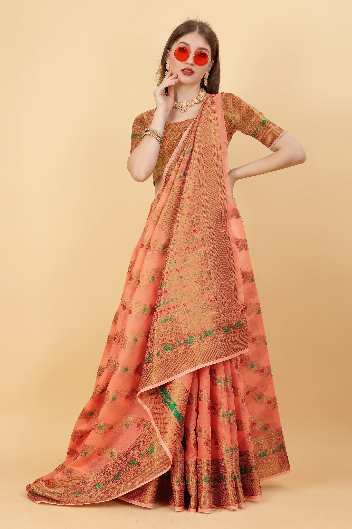Vedant Vastram Soft Cotton Silk Banarasi Silk Saree - Peach | Swadesiicart