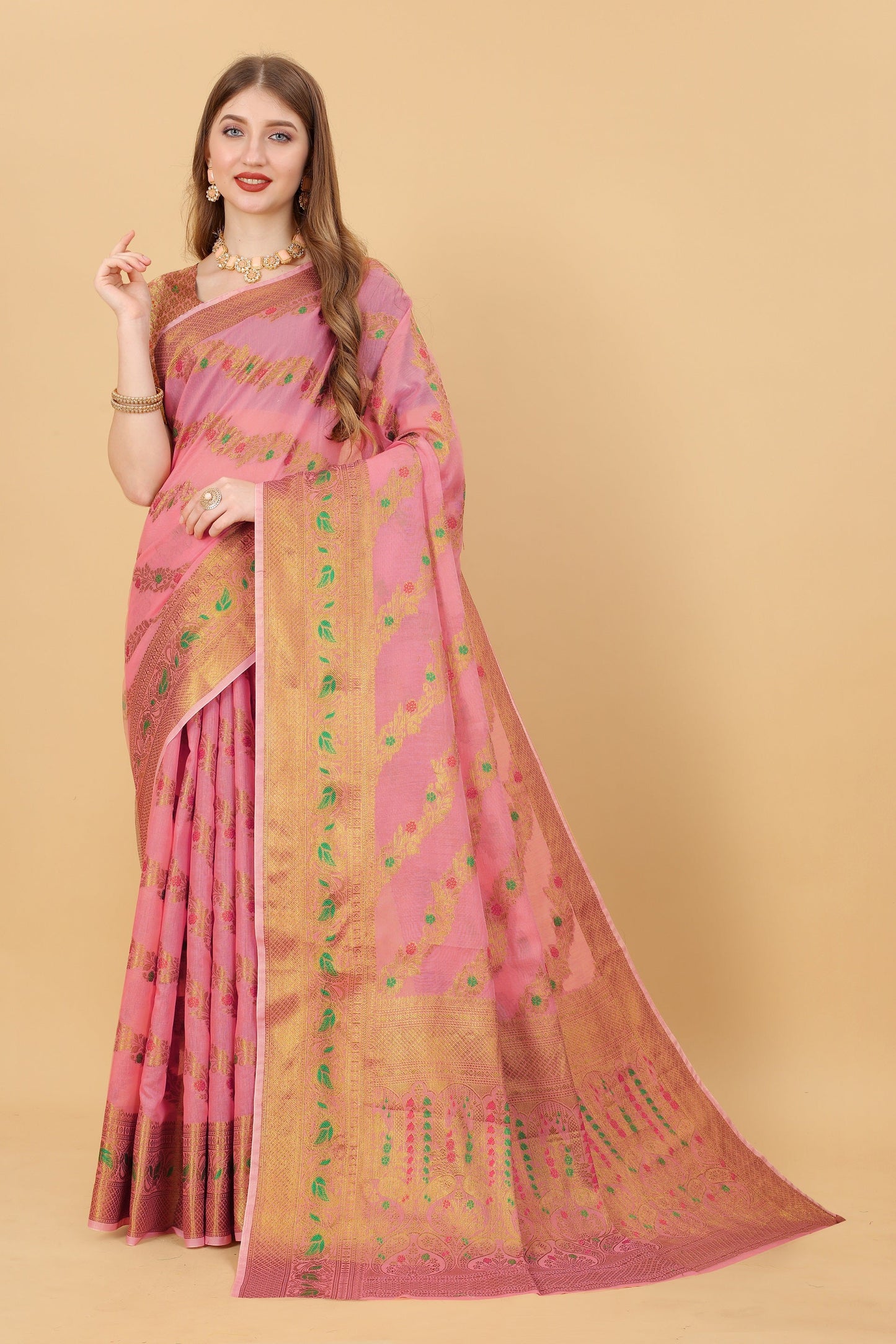 Vedant Vastram Soft Cotton Silk Banarasi Silk Saree - Pink | Swadesiicart