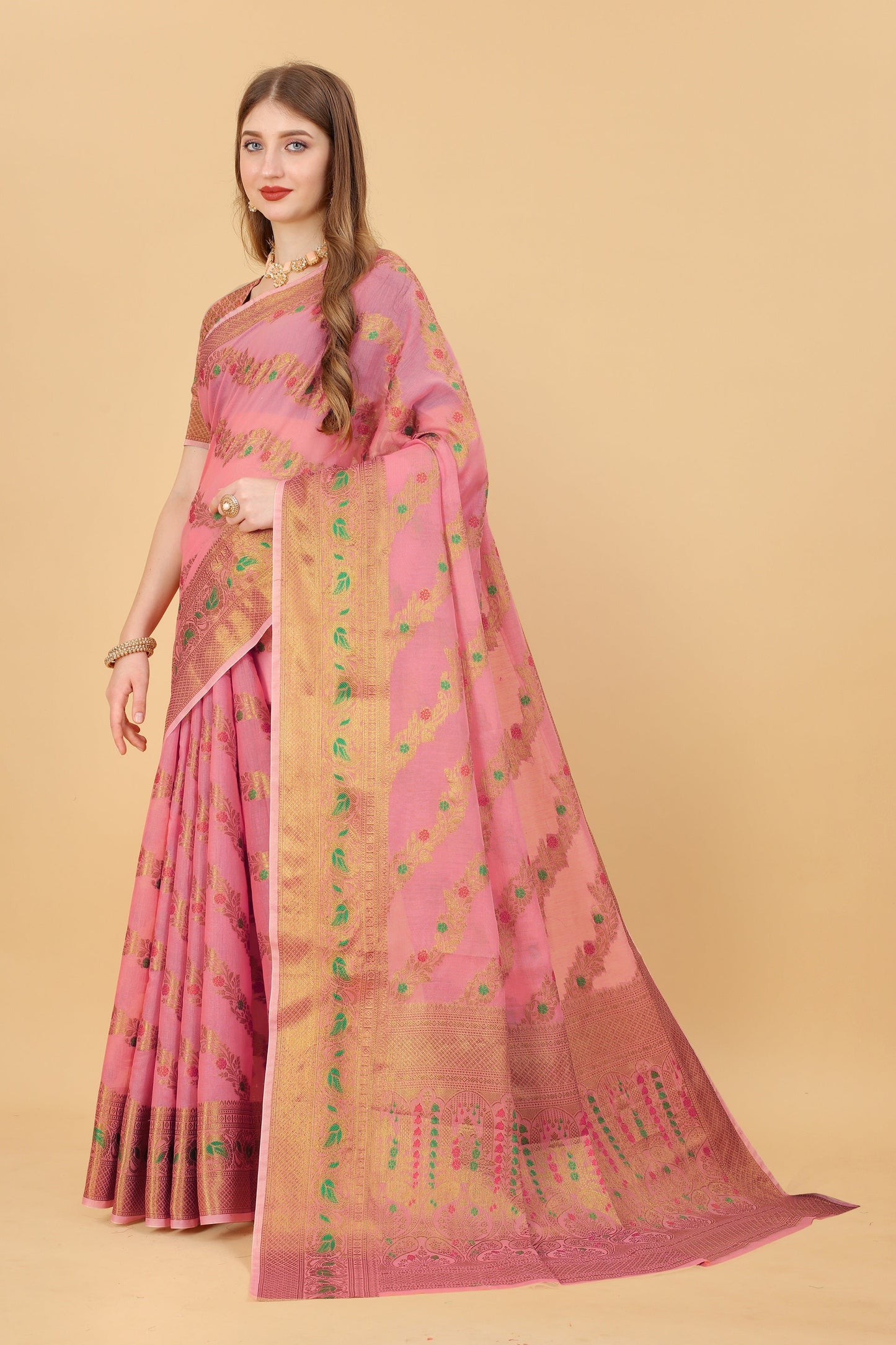 Vedant Vastram Soft Cotton Silk Banarasi Silk Saree - Pink | Swadesiicart