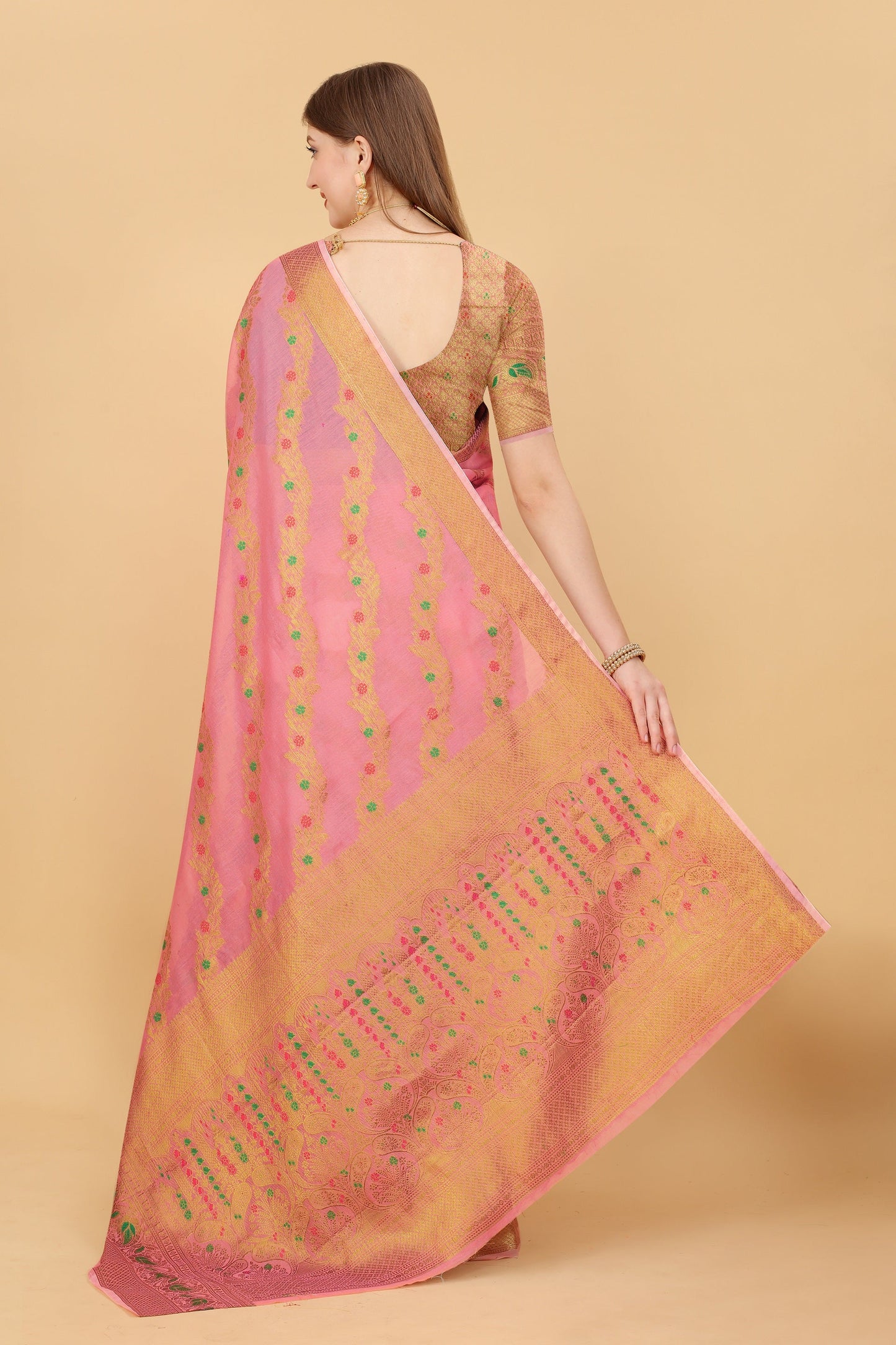 Vedant Vastram Soft Cotton Silk Banarasi Silk Saree - Pink | Swadesiicart
