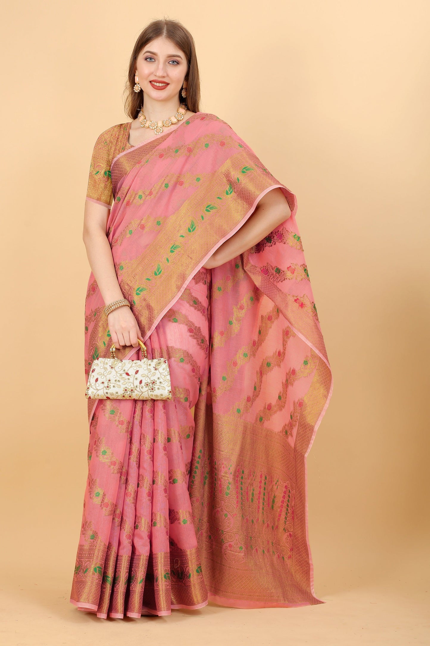 Vedant Vastram Soft Cotton Silk Banarasi Silk Saree - Pink | Swadesiicart