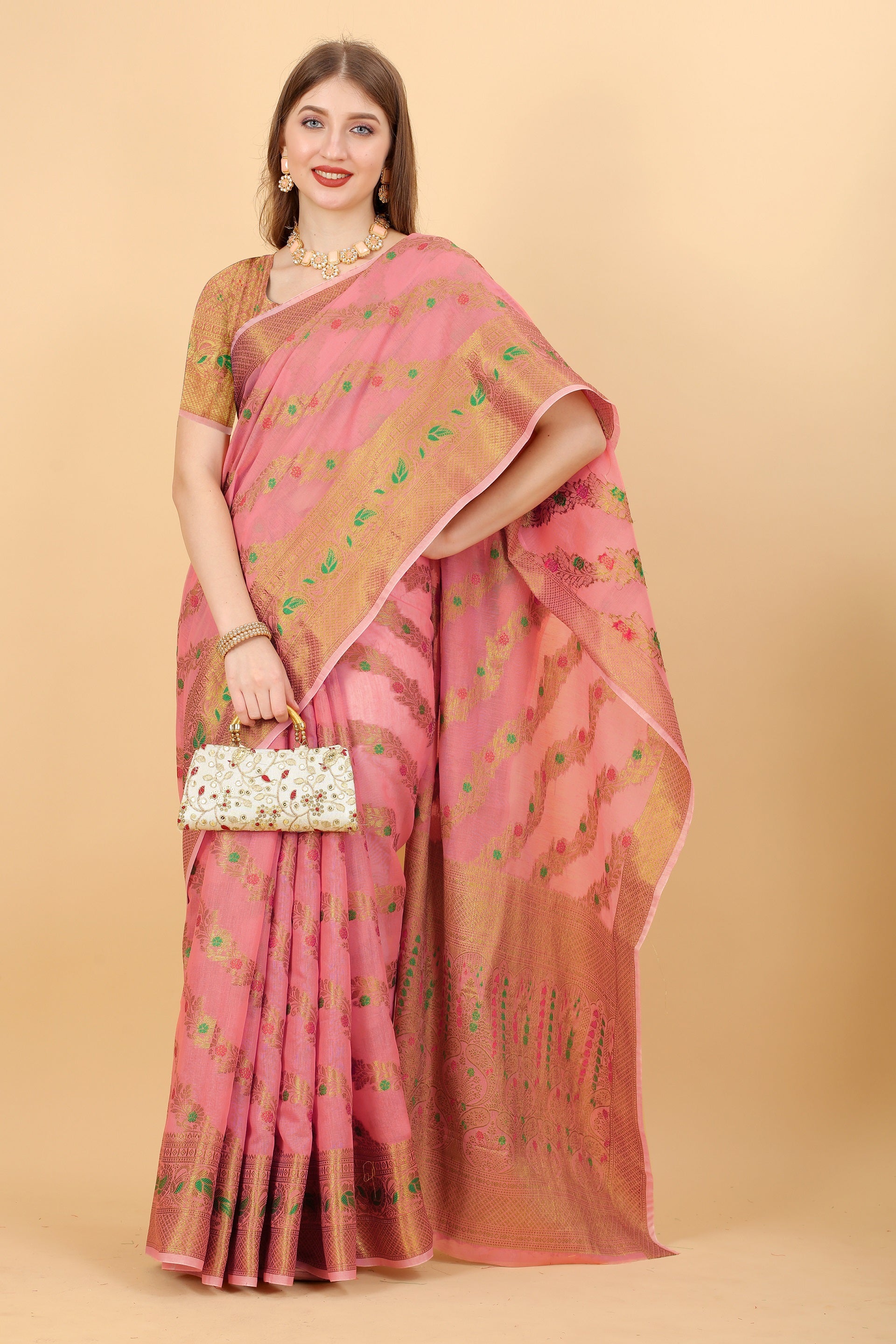 Vedant Vastram Soft Cotton Silk Banarasi Silk Saree - Pink | Swadesiicart