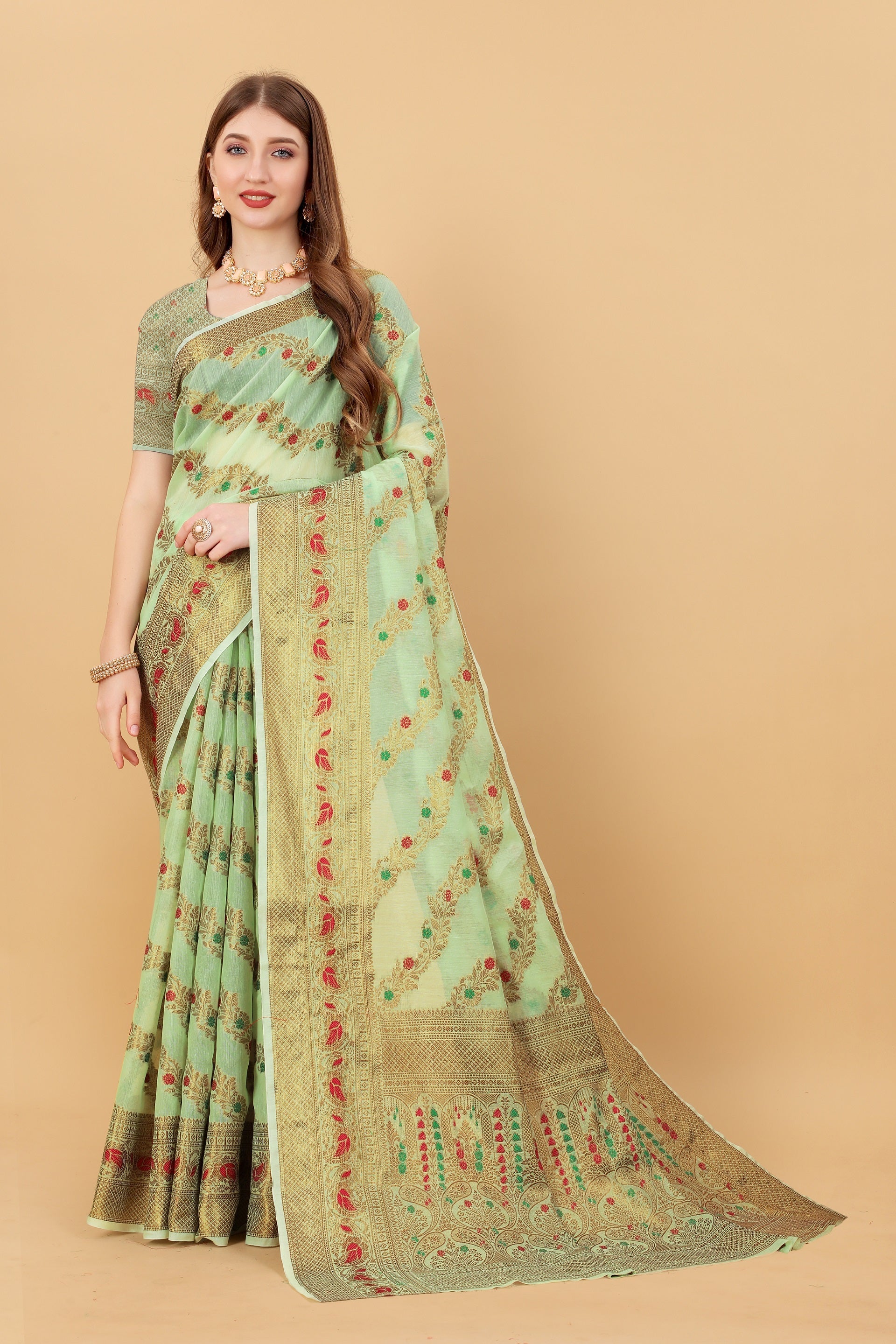 Vedant Vastram Soft Cotton Silk Banarasi Silk Saree - Pista | Swadesiicart