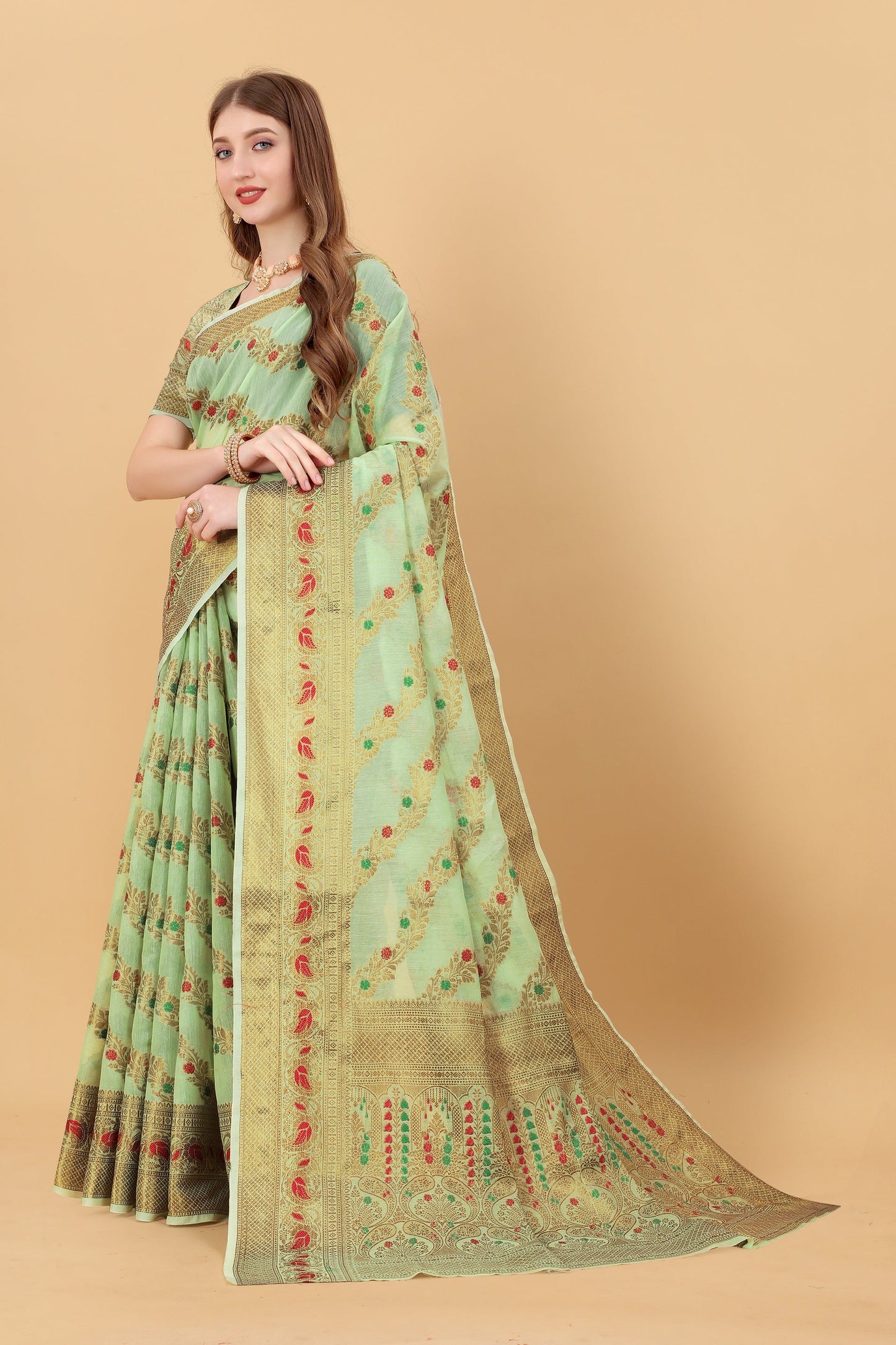 Vedant Vastram Soft Cotton Silk Banarasi Silk Saree - Pista | Swadesiicart