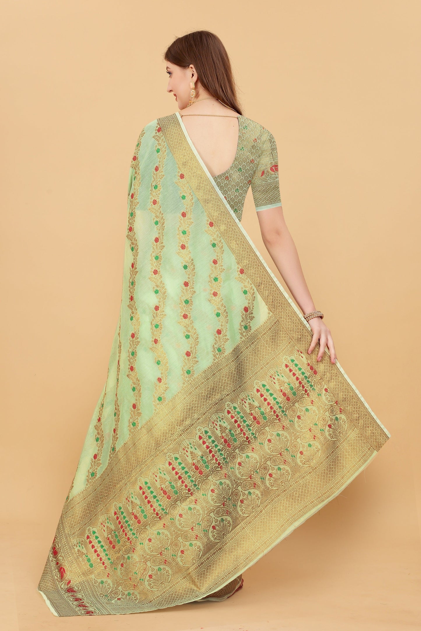 Vedant Vastram Soft Cotton Silk Banarasi Silk Saree - Pista | Swadesiicart