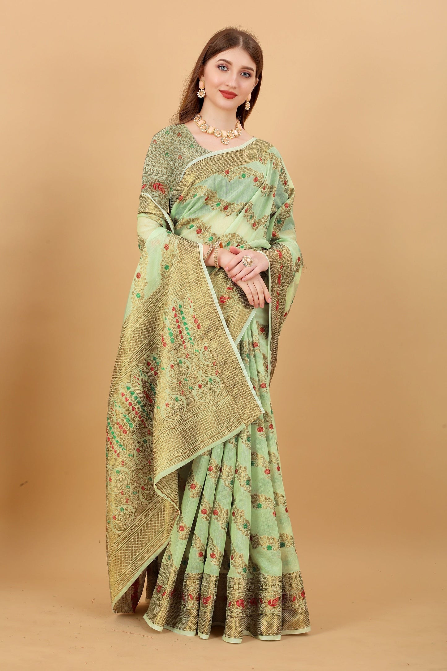 Vedant Vastram Soft Cotton Silk Banarasi Silk Saree - Pista | Swadesiicart