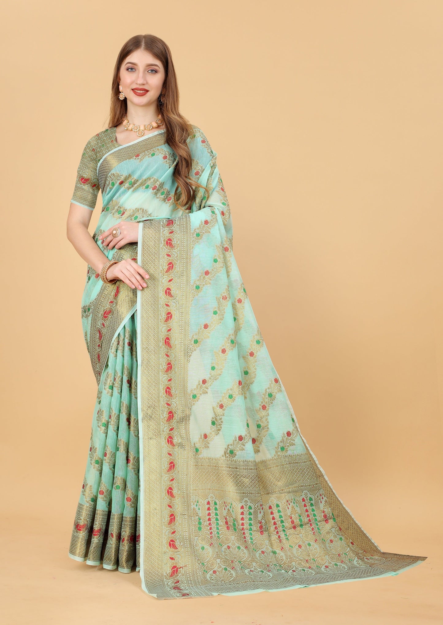 Vedant Vastram Soft Cotton Silk Banarasi Silk Saree - Seegreen | Swadesiicart