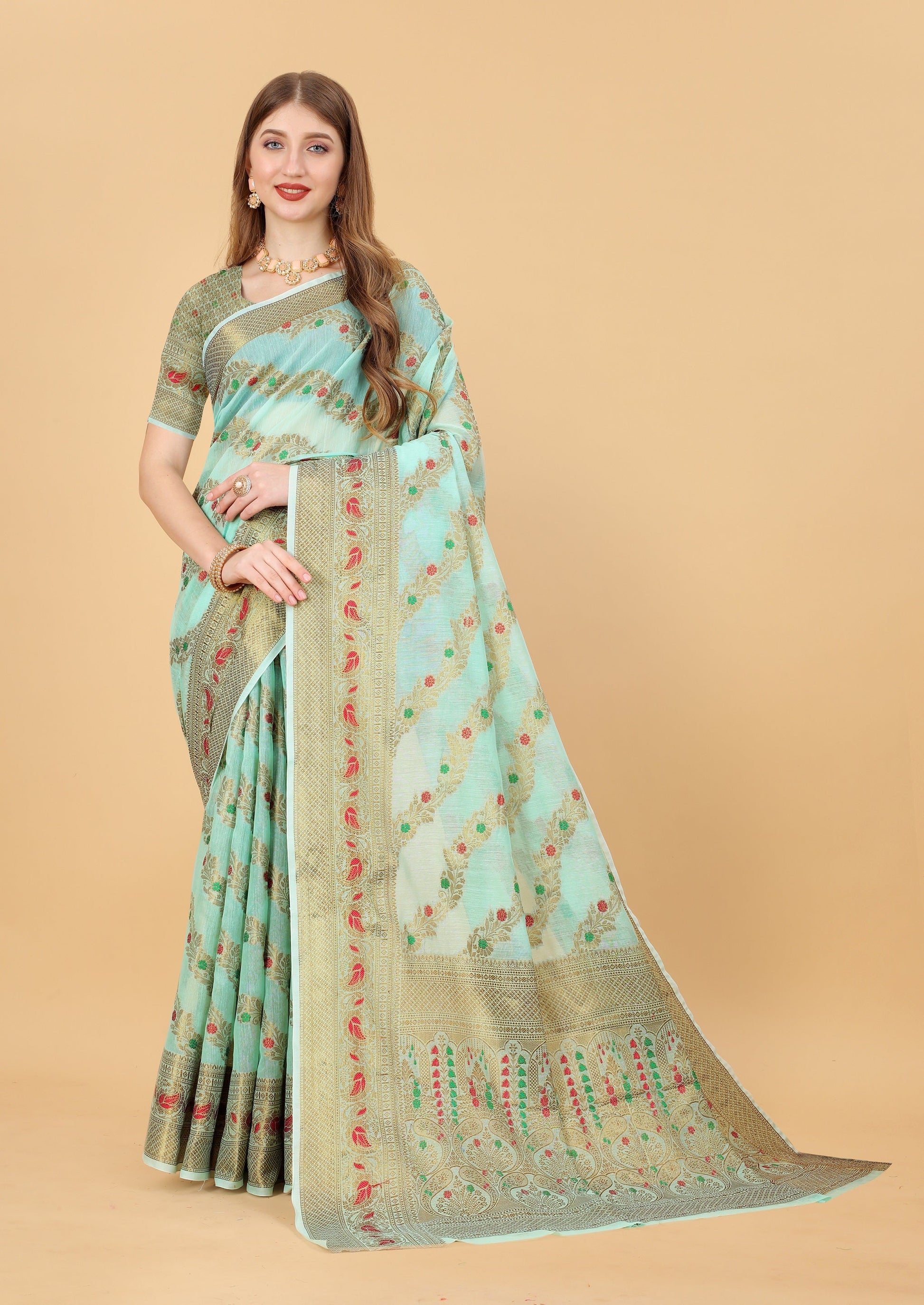 Vedant Vastram Soft Cotton Silk Banarasi Silk Saree - Seegreen | Swadesiicart