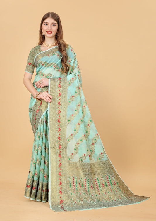 Vedant Vastram Soft Cotton Silk Banarasi Silk Saree - Seegreen | Swadesiicart