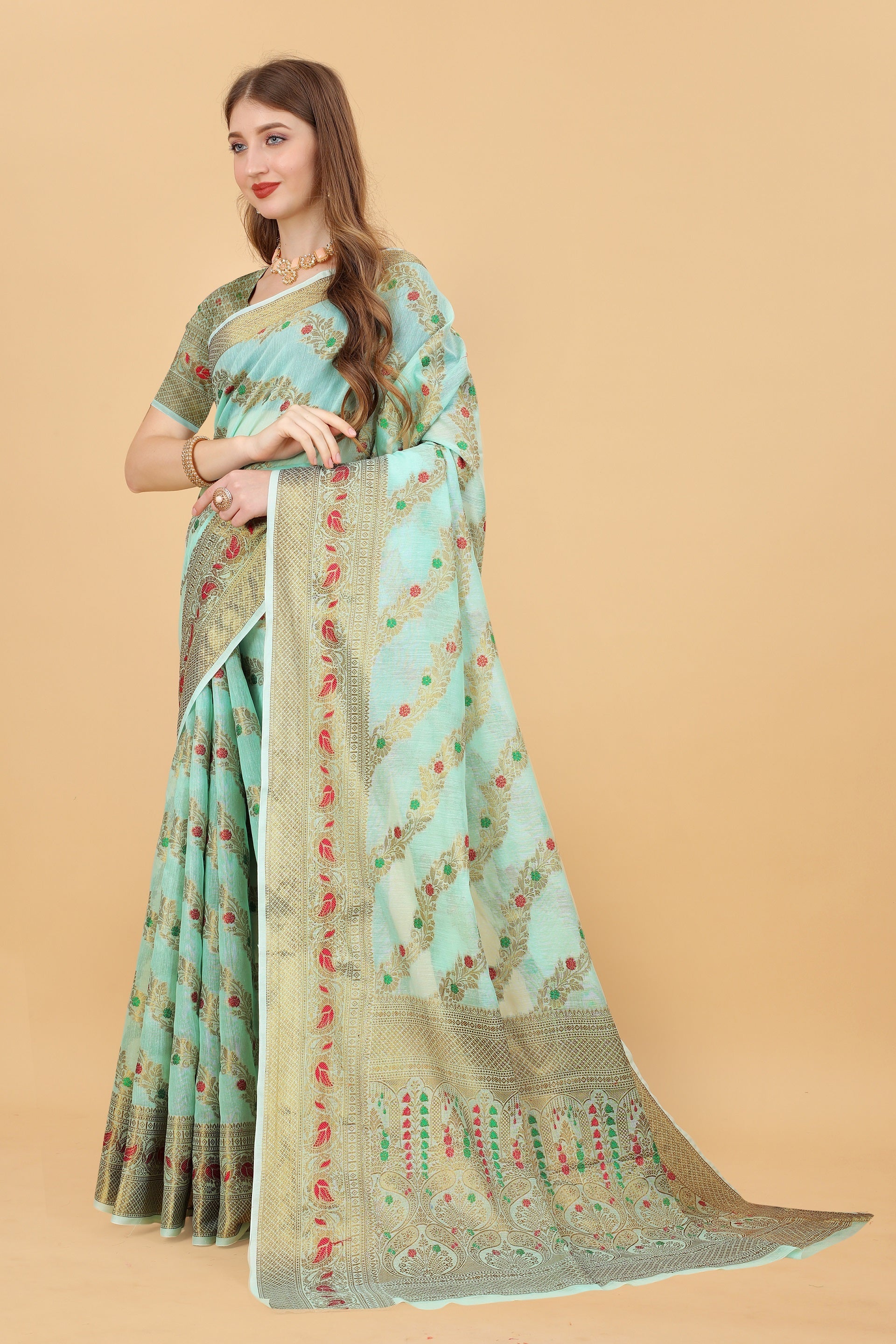 Vedant Vastram Soft Cotton Silk Banarasi Silk Saree - Seegreen | Swadesiicart