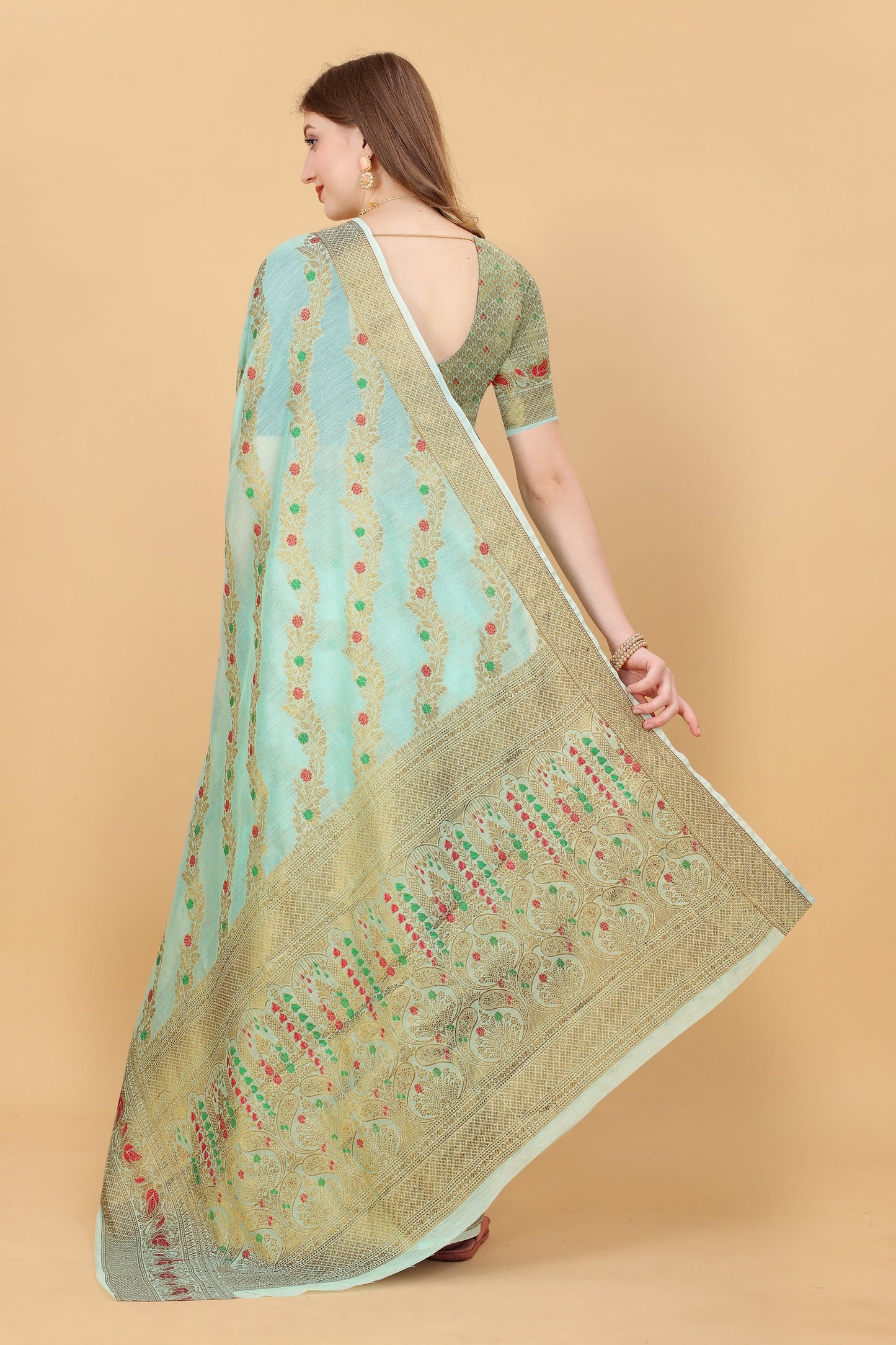 Vedant Vastram Soft Cotton Silk Banarasi Silk Saree - Seegreen | Swadesiicart