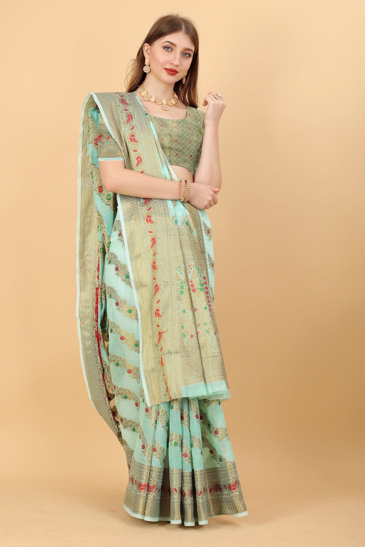 Vedant Vastram Soft Cotton Silk Banarasi Silk Saree - Seegreen | Swadesiicart