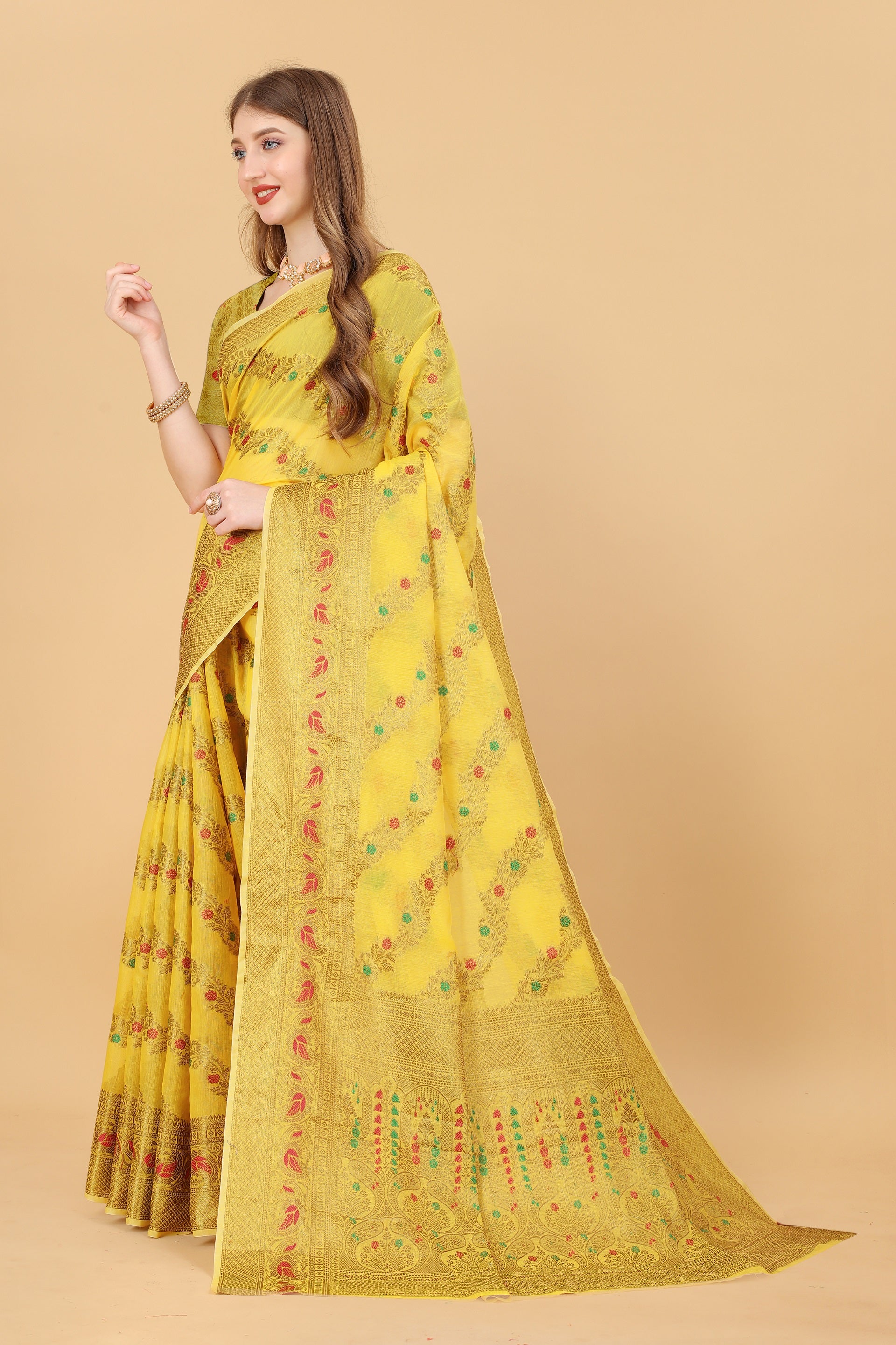 Vedant Vastram Soft Cotton Silk Banarasi Silk Saree - Yellow | Swadesiicart
