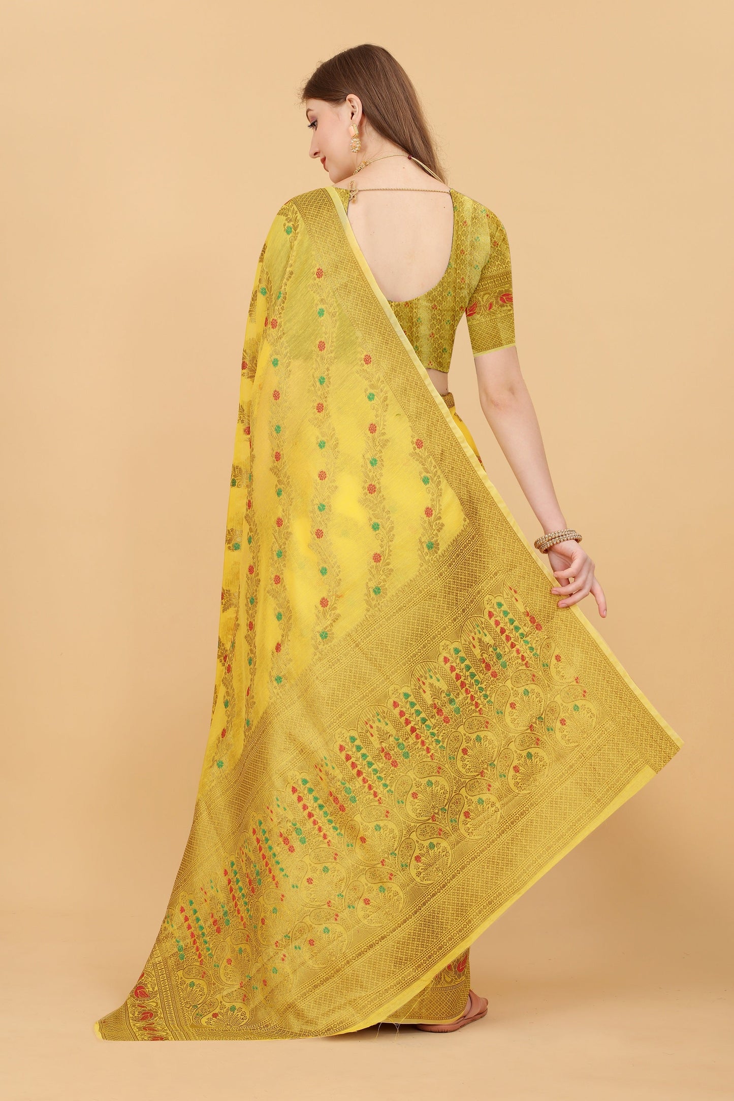 Vedant Vastram Soft Cotton Silk Banarasi Silk Saree - Yellow | Swadesiicart