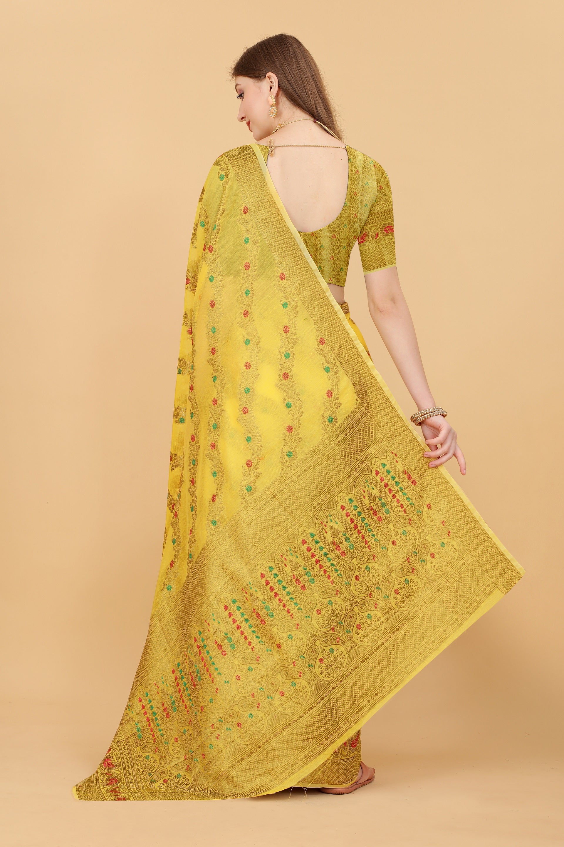 Vedant Vastram Soft Cotton Silk Banarasi Silk Saree - Yellow | Swadesiicart