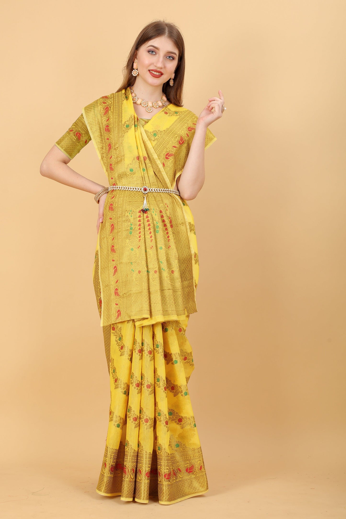Vedant Vastram Soft Cotton Silk Banarasi Silk Saree - Yellow | Swadesiicart