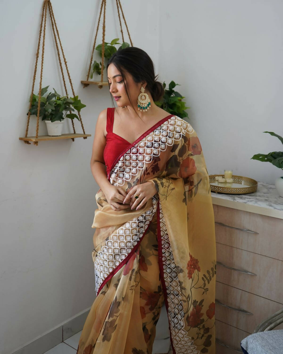 Vamsee Mustard Organza Saree - Swadesiicart