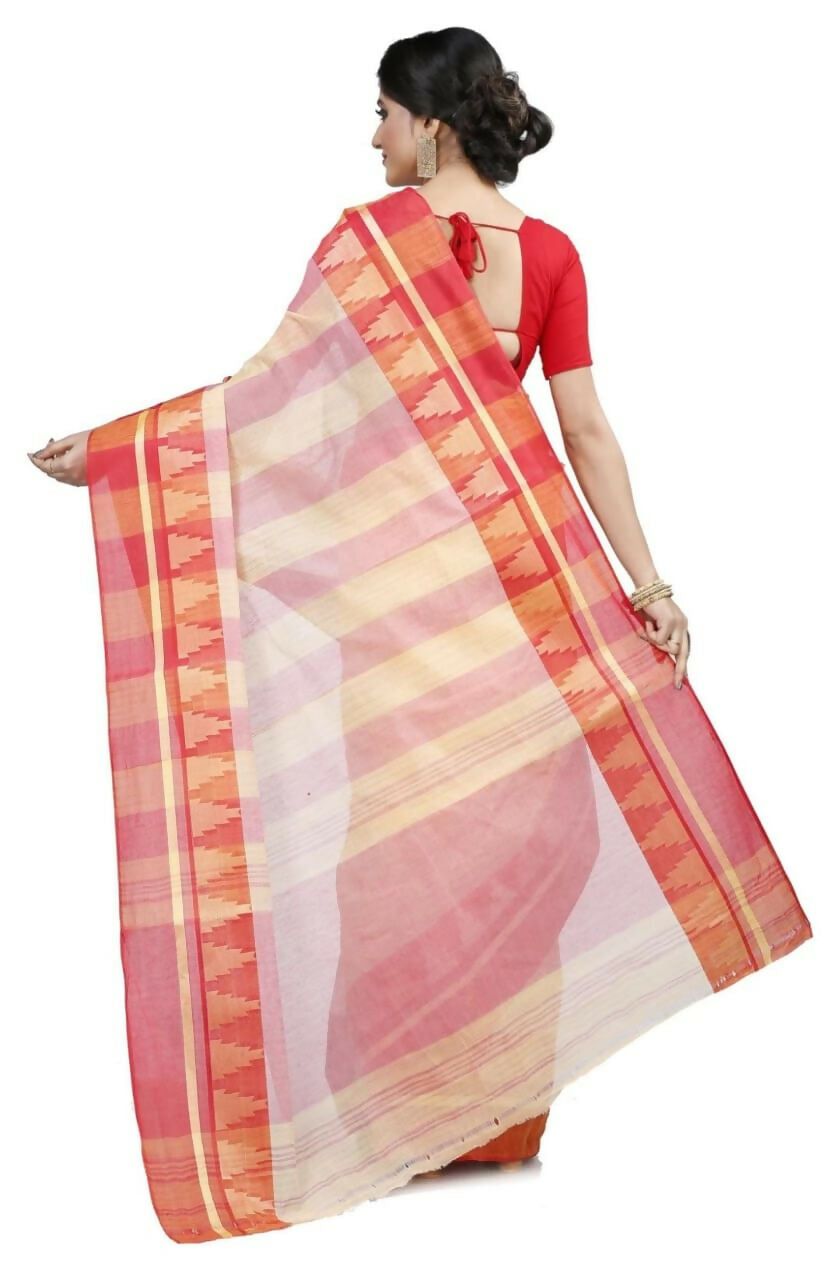 Exclusive Collection White Red 100% Pure Cotton Tant Saree - Swadesiicart