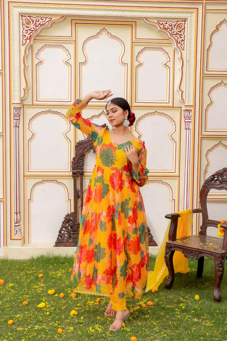 Vaasva Women Mustard Organza Multi Floral Print & Embroidered Anarkali Kurta, Pant & Dupatta set | Swadesiicart