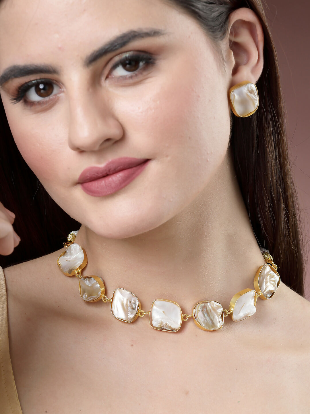 NVR Women's Gold-Polished Mother of Pearl Handcrafted Jewellery Set - NR Retail-NVR