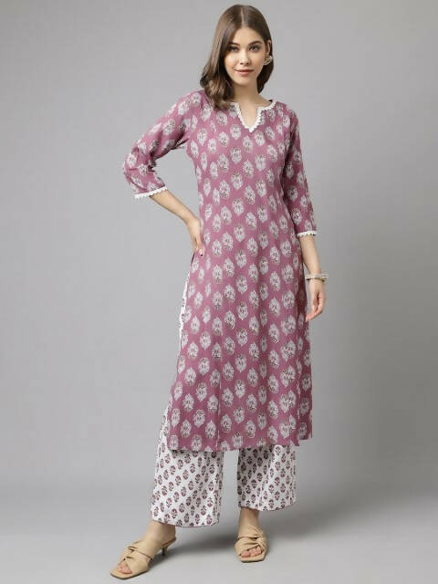 FIORRA Women's Light Purple Cotton A-Line Kurta Palazzo Set - Swadesiicart