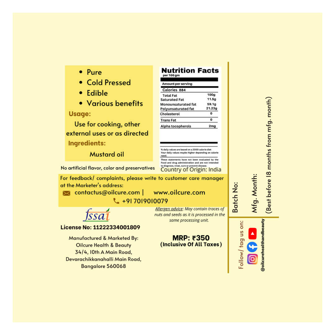 Oilcure Mustard Oil Cold Pressed - Swadesiicart