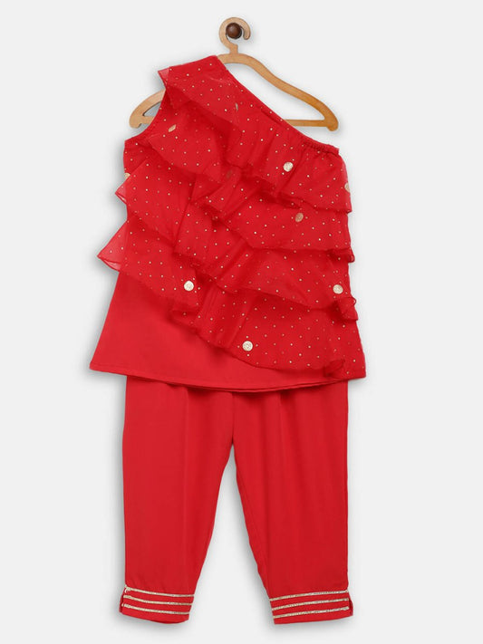 Ahalyaa Red Georgette Ruffel Kids Top With Bottom For Girls | Swadesiicart