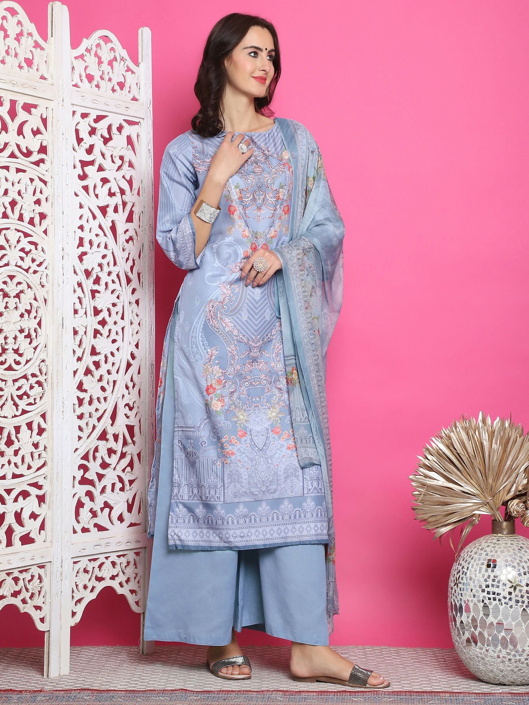 Jyoti Fashion Women's Grey Satin Traditional Digital Print with Crystal work Kurta with Trouser & Dupatta | Swadesiicart
