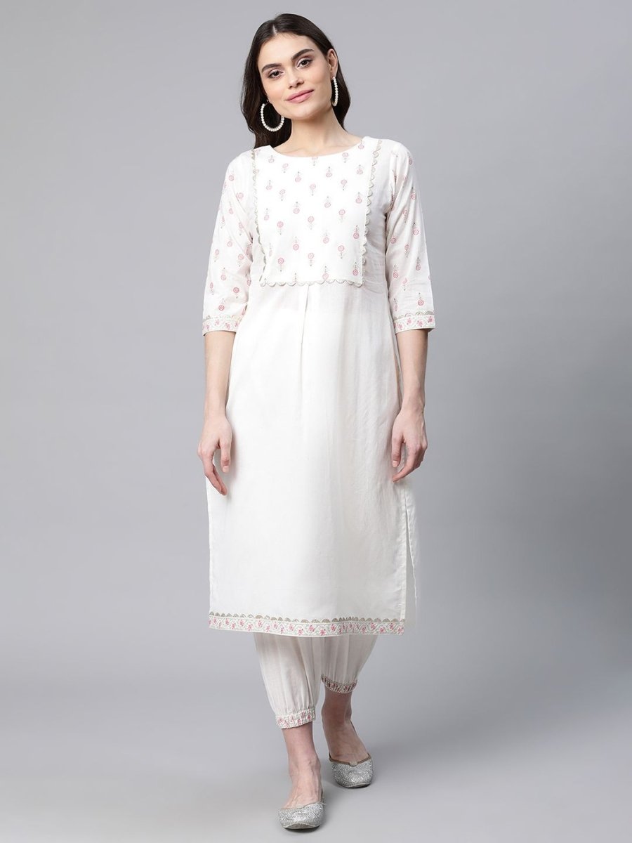 Ahalyaa Women Offwhite Pure Cotton Printed Floral Kurta With Trousers | Swadesiicart