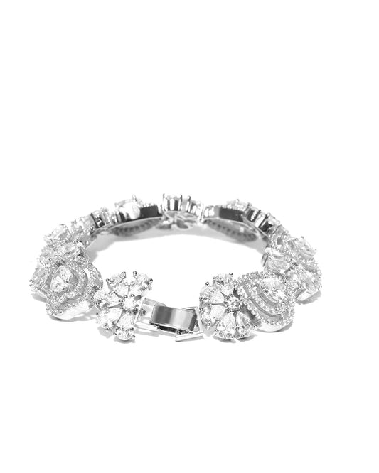 Priyaasi Women Silver-Plated American Diamond Studded Link Bracelet in Heart Pattern - Swadesiicart