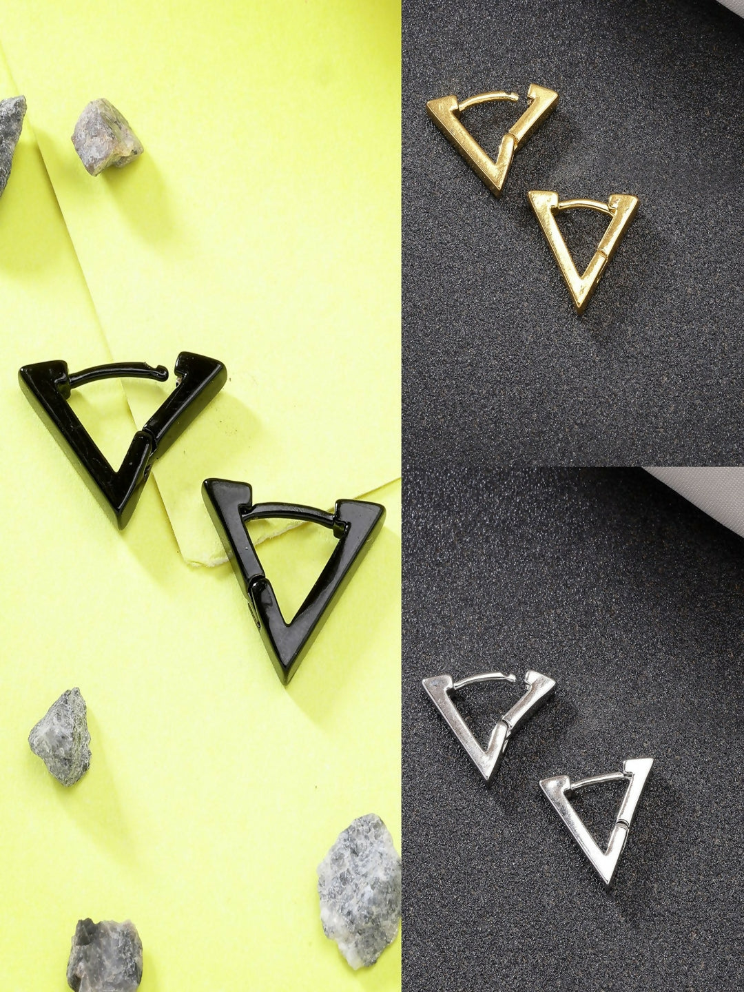 NVR Men's Set of 3 Multicolor Rhodium-Plated Geometric Shape Stainless Steel Studs Earring | Swadesiicart