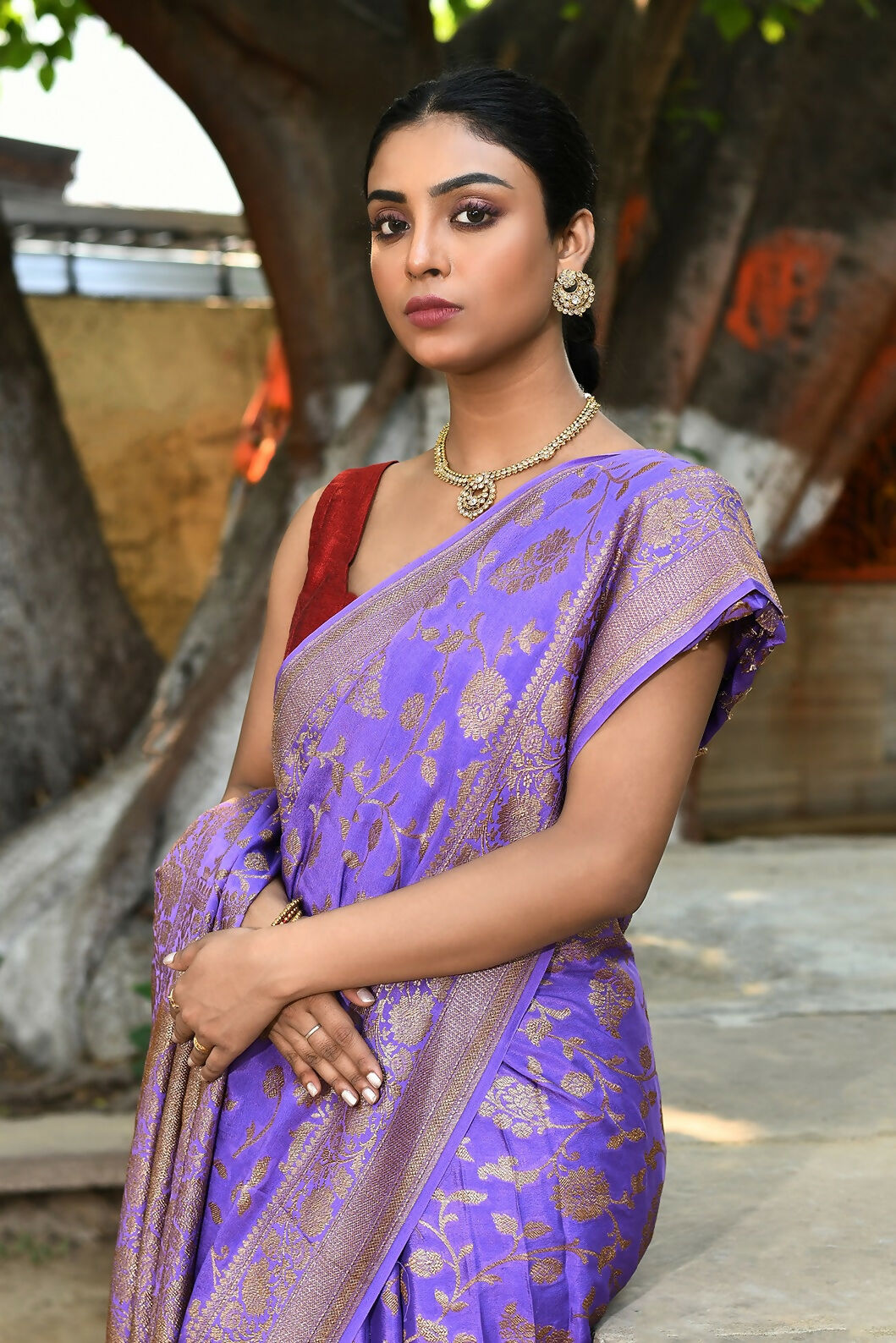 Joban Fashion Dark Lilac Crepe Chiffon Pure Handloom Banarasi Silk Saree | Swadesiicart