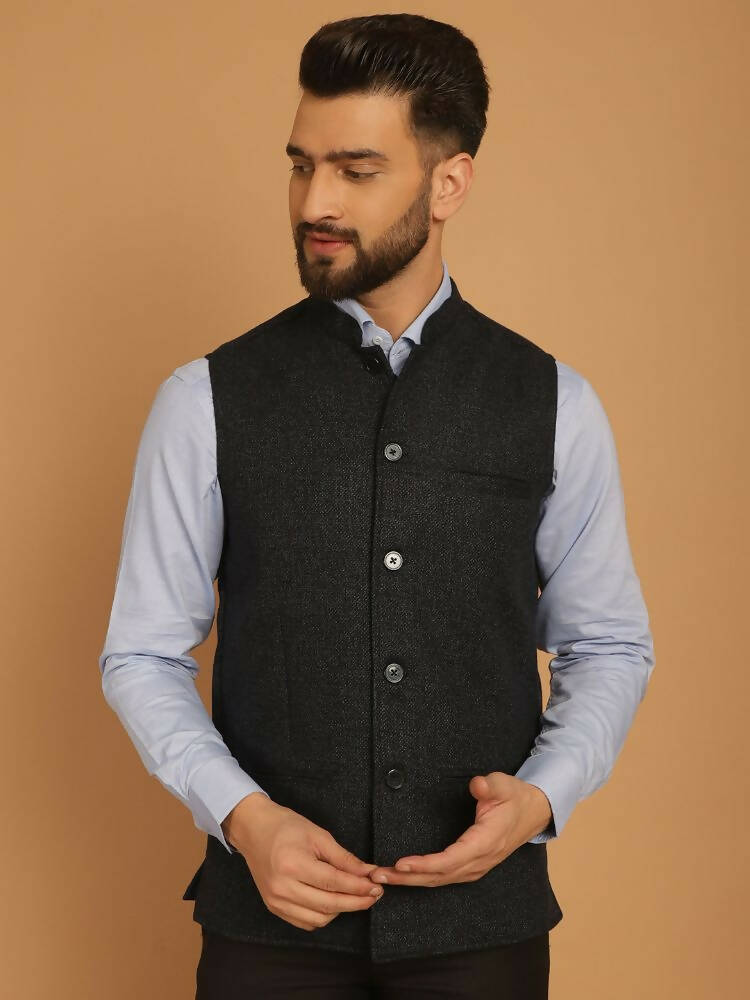Even Apparels Pure Wool Nehru Jacket - Blue | Swadesiicart