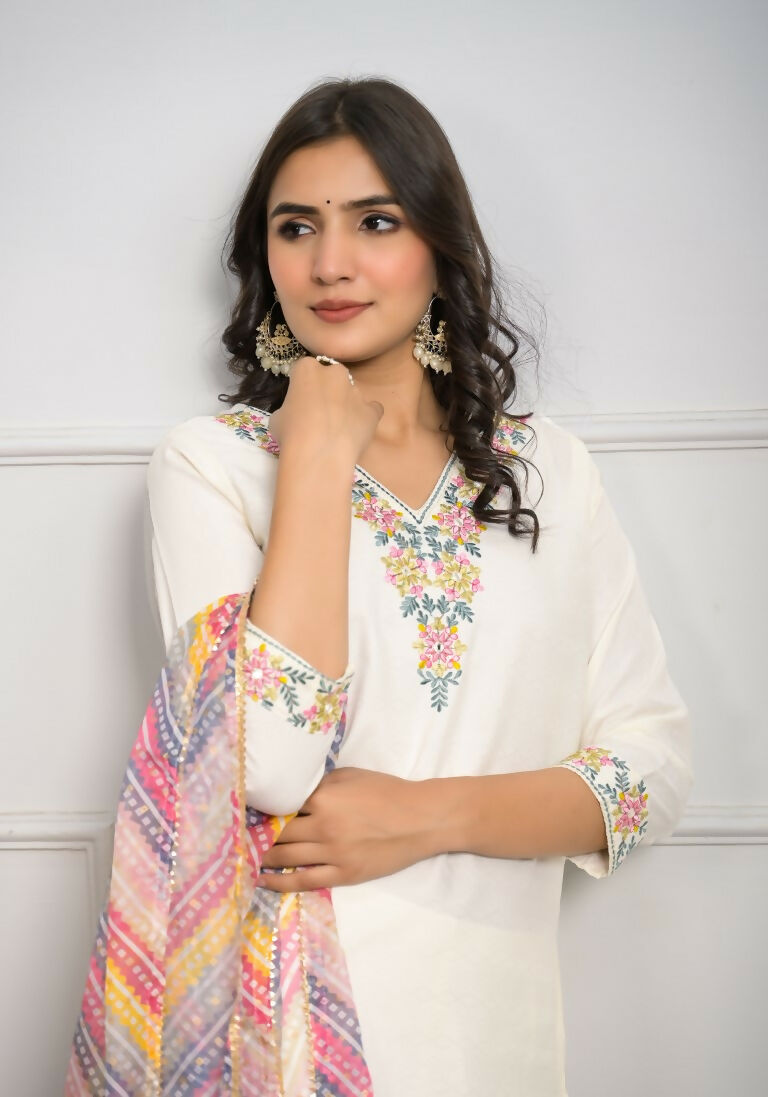 Festive Wear Ethnic White viscose blend Stitched Suit With Dupatta - Tanisha | Swadesiicart