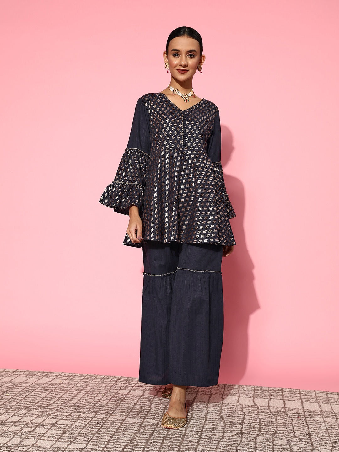 Yufta Navy Blue Printed Kurta & Sharara - Swadesiicart
