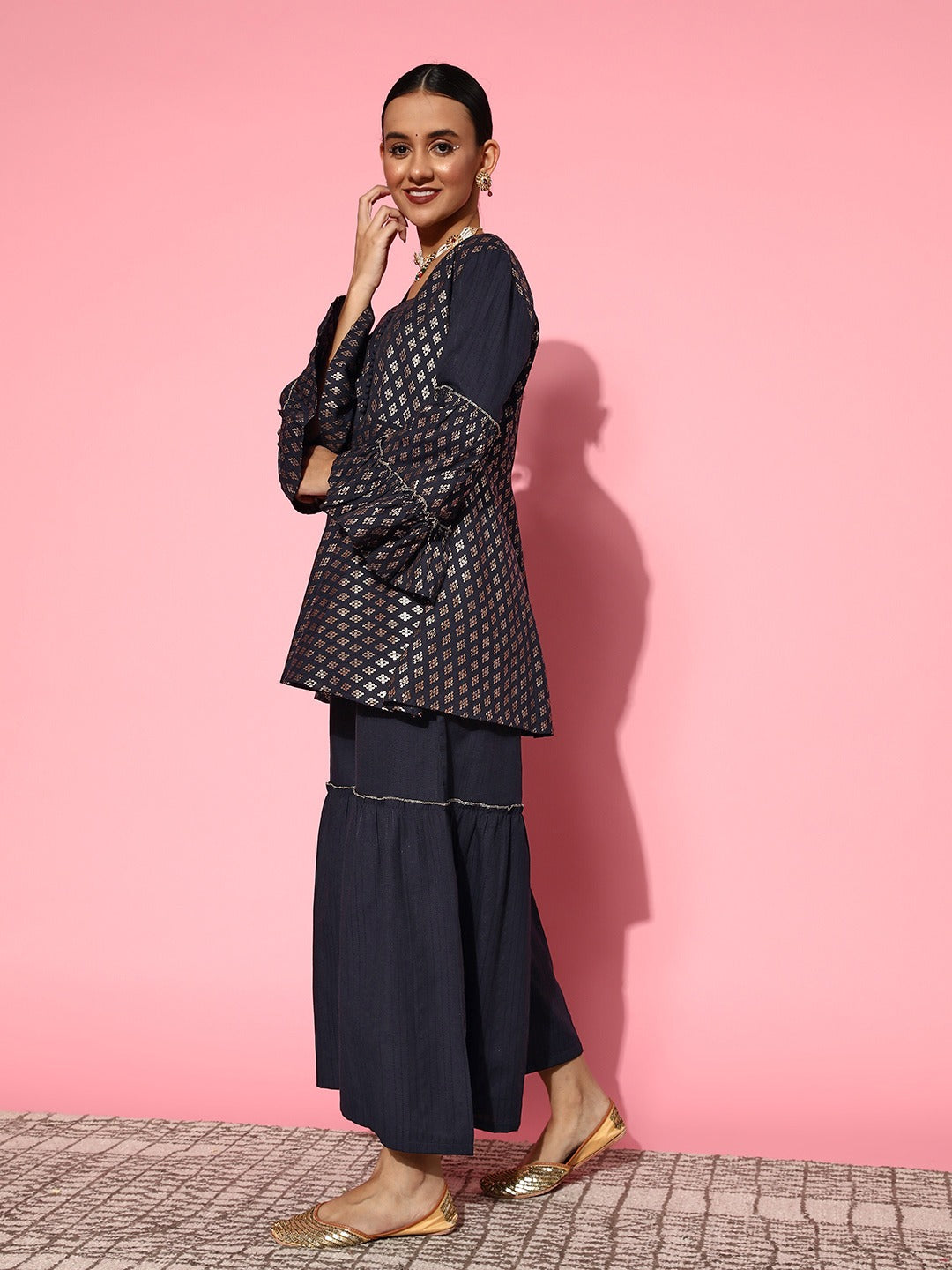 Yufta Navy Blue Printed Kurta & Sharara - Swadesiicart