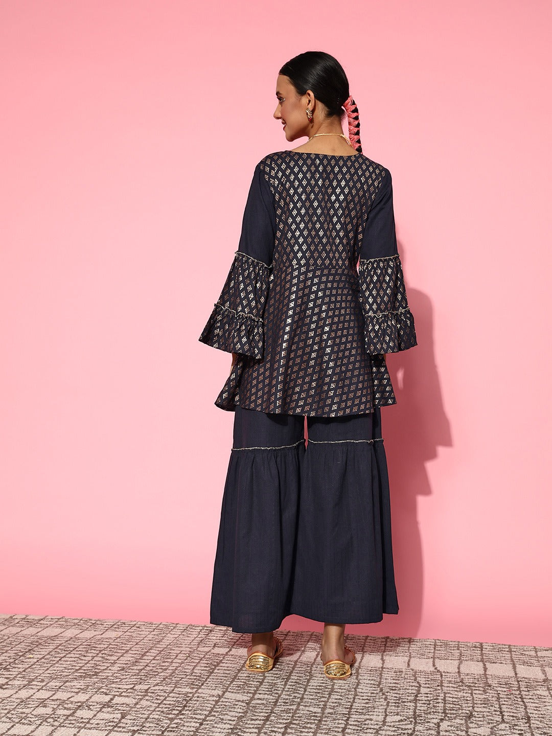 Yufta Navy Blue Printed Kurta & Sharara - Swadesiicart