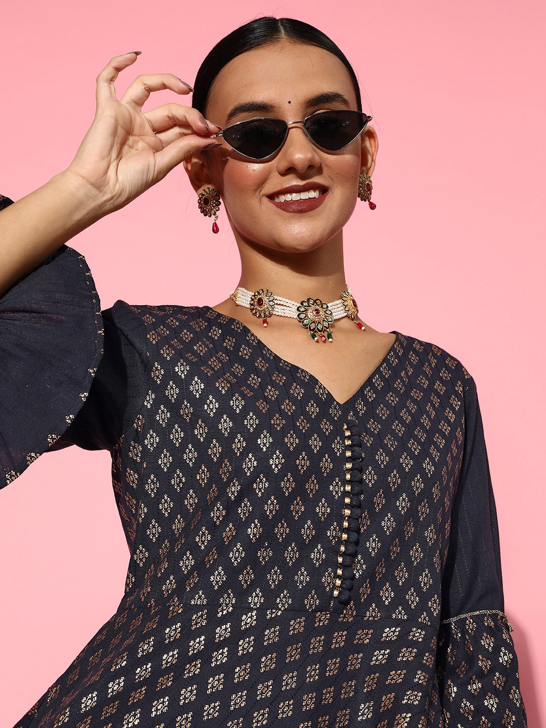 Yufta Navy Blue Printed Kurta & Sharara - Swadesiicart