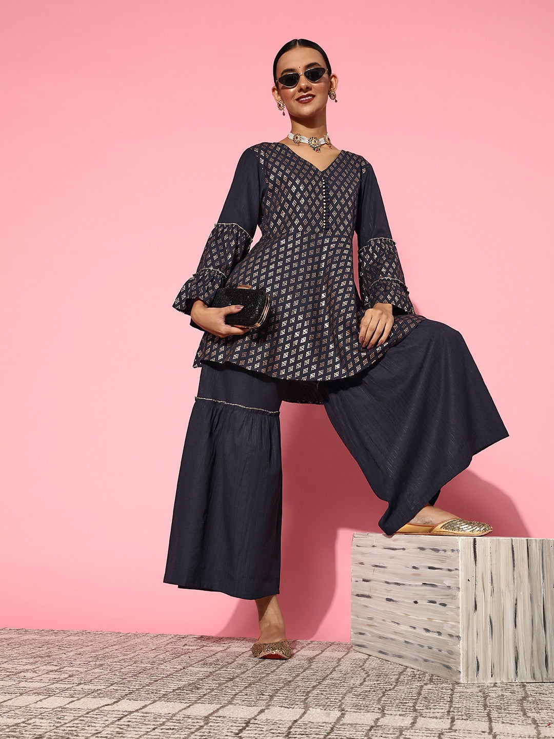 Yufta Navy Blue Printed Kurta & Sharara - Swadesiicart