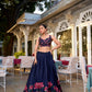 Lorenvalley Navy Blue Tussar Silk Floral Print With Foil Work Lehenga Choli with Dupatta | Swadesiicart