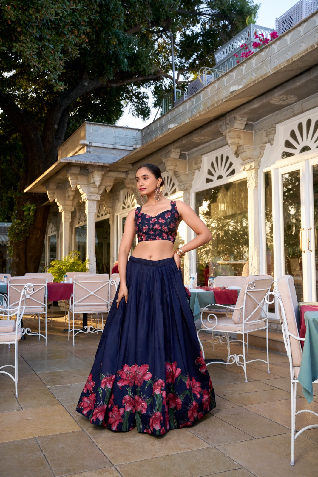 Lorenvalley Navy Blue Tussar Silk Floral Print With Foil Work Lehenga Choli with Dupatta | Swadesiicart
