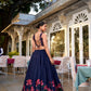 Lorenvalley Navy Blue Tussar Silk Floral Print With Foil Work Lehenga Choli with Dupatta | Swadesiicart
