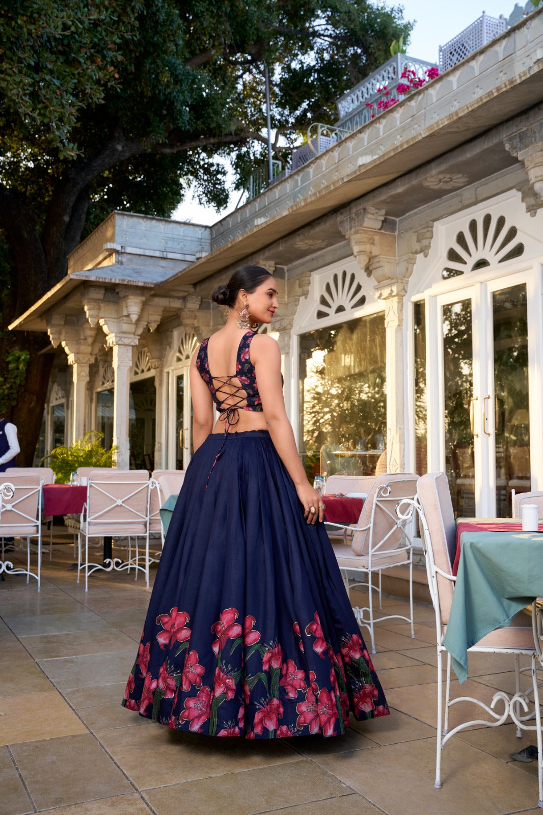 Lorenvalley Navy Blue Tussar Silk Floral Print With Foil Work Lehenga Choli with Dupatta | Swadesiicart